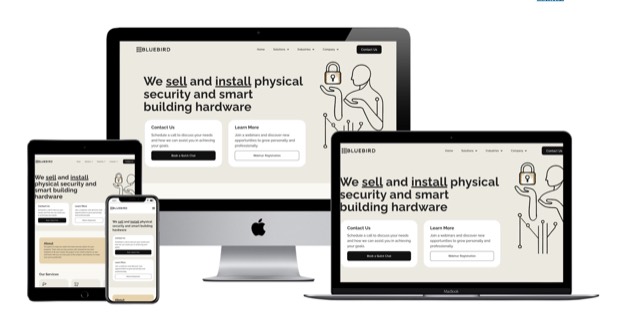 The Bluebird website, shown on desktop, laptop, tablet and phone