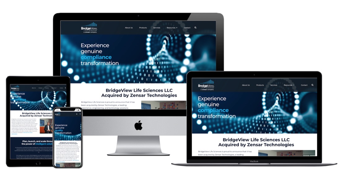 The BridgeView Life Sciences website, shown on desktop, laptop, tablet and phone