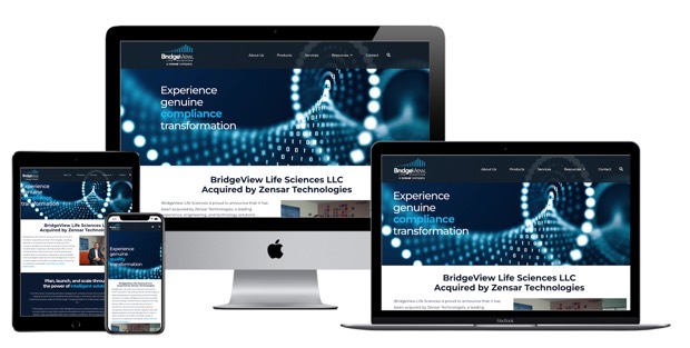 The BridgeView Life Sciences website, shown on desktop, laptop, tablet and phone