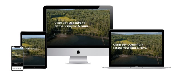 The Clam Bay Estate website, shown on desktop, laptop, tablet and phone