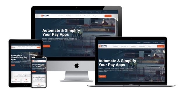 The GCPay website, shown on desktop, laptop, tablet and phone