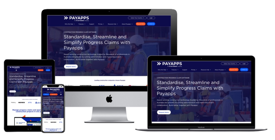 The Payapps website, shown on desktop, laptop, tablet and phone